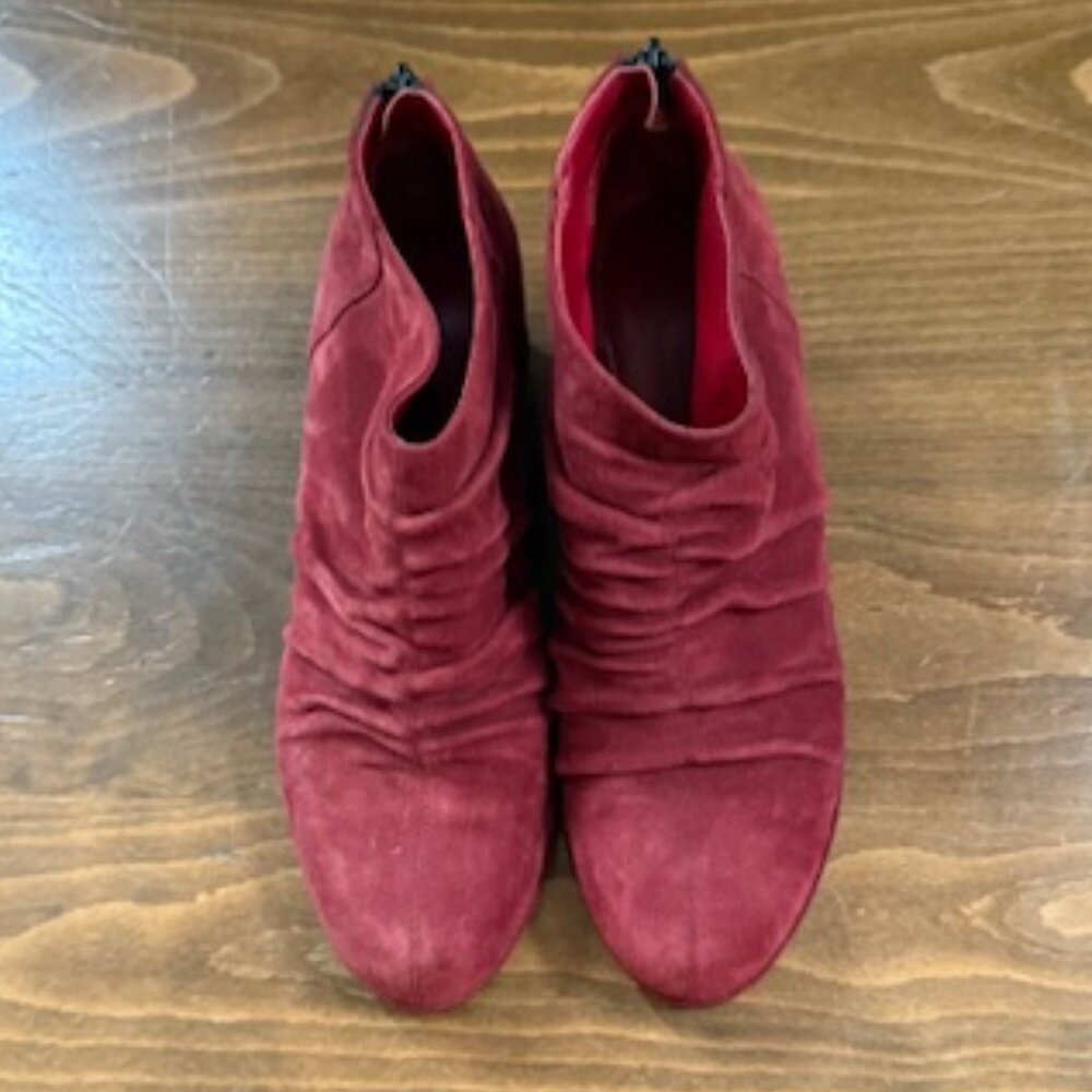 Red Suede ruched wedge booties